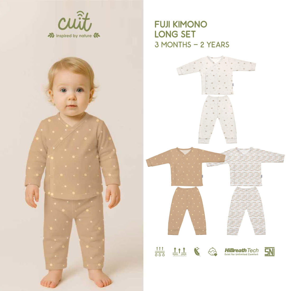 Cuit Fuji Kimono Set Snap Button Tangan Panjang Motif Minimalis 0-24 Bulan